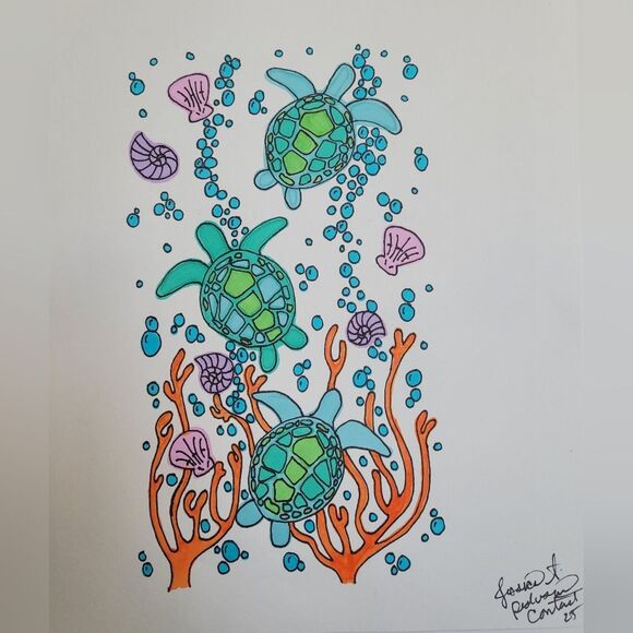 Handmade drawing watercolor on sketch paper ocean turtles sea scenery - Picture 1 of 1